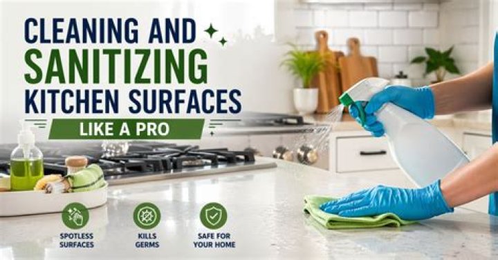 Sanitizing surfaces cleaning home kitchen table with disinfectant spray bottle