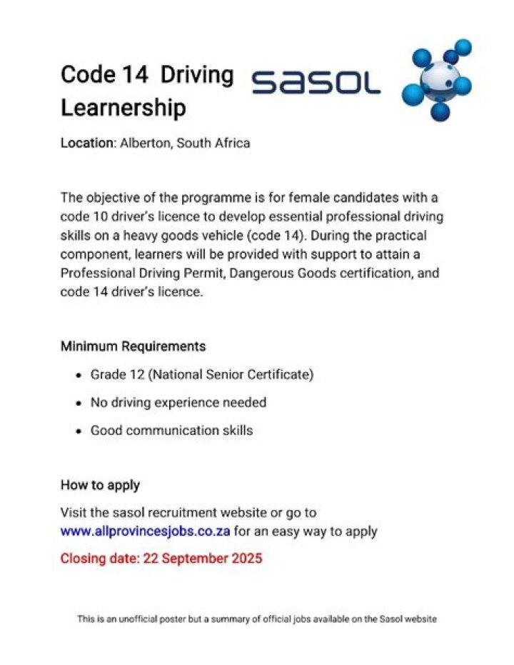 Sasol code 14 learnership