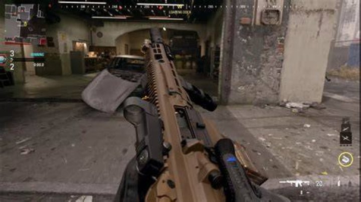 Screenshot from MW3 multiplayer trailer shows a masked soldier standing in the middle of an armory filled with a wide selection of guns and war gear.