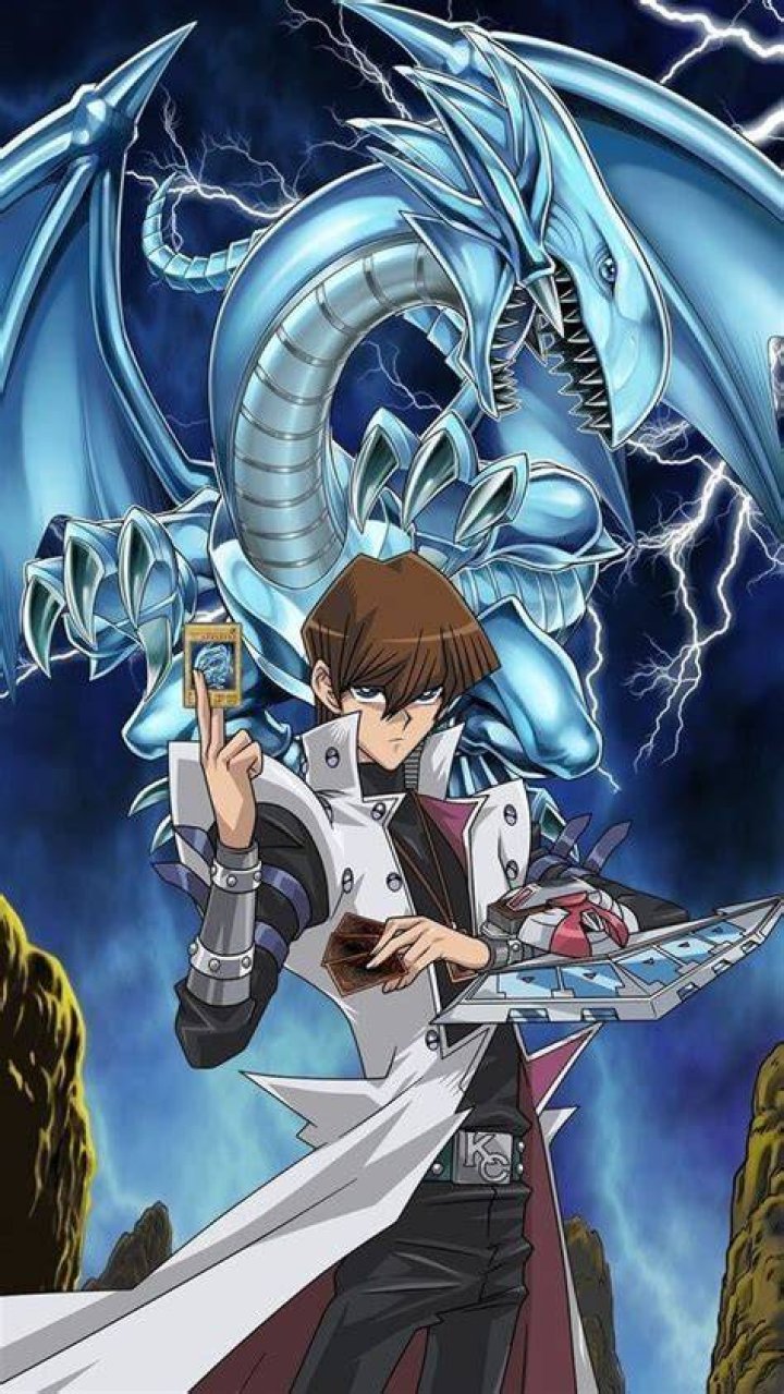 Seto Kaiba with the Blue-Eyes White Dragon behind him
