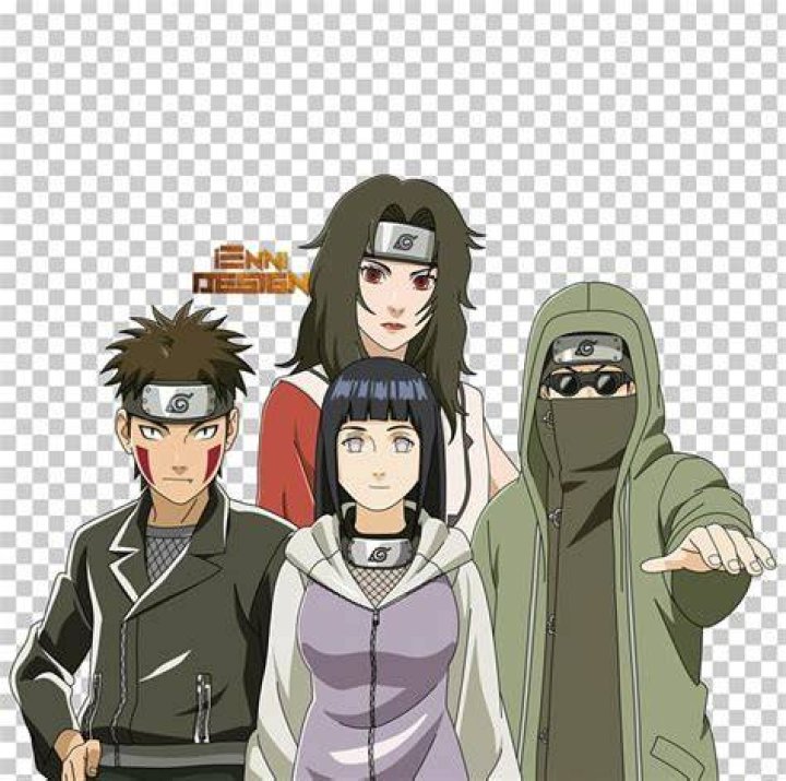 Shino, Hinata, Kiba, Ino, Choji, Shikamaru, Naruto, Sakura, Neji, and Lee stand together in a line for Naruto