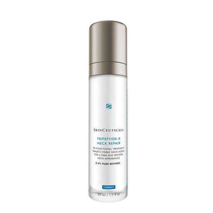 skinceuticals neck serum in a white bottle shown on a white backgorund
