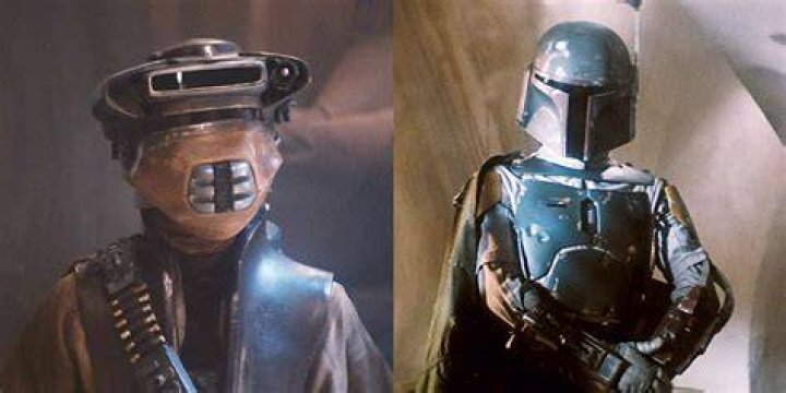 Split image of Boushh standing and Boba Fett clasping his hands in Star Wars