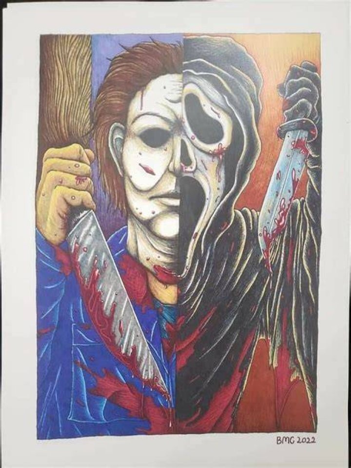 Split image of Michal Myers from the Halloween horror movie franchise.