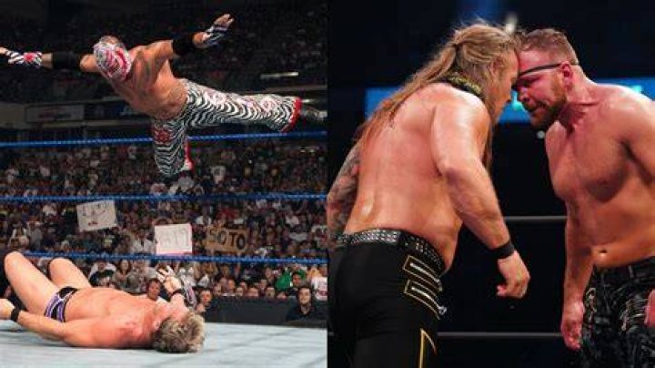 Split screen. Rey Mysterio Splashing Chris Jericho. Chris Jericho and Jon Moxley standing forehead to forehead. 