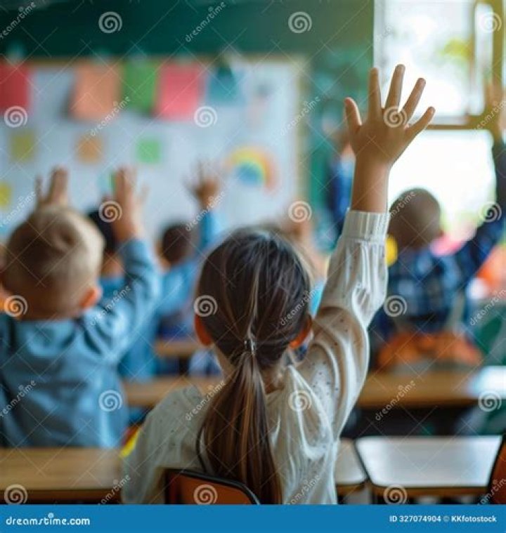Students raising hands in classroom.
