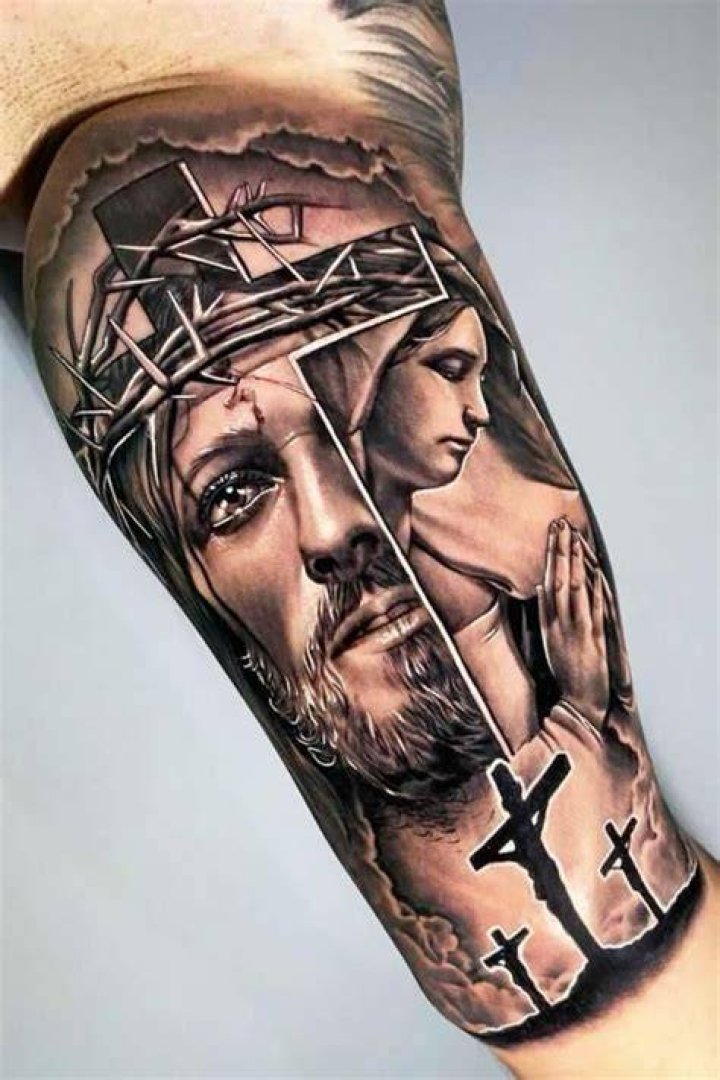 Tattoos of Mary and Jesus (L), the last supper (C) and Jesus (R)