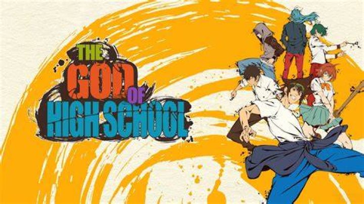 The God of High School cast, featuring Mo-Ri Jin, Dae-Wi Han, and Mi-Ra Yu striking a battle pose against a yellow background 