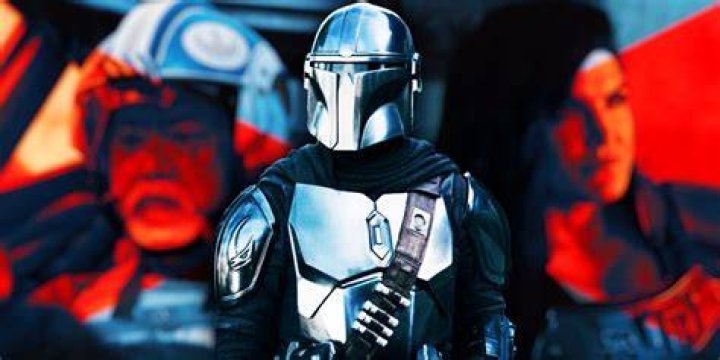 The Mandalorian in between blurred out images of Carson Teva and Cara Dune.