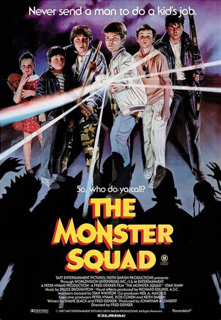 The Monster Squad stands together with a foggy backdrop.