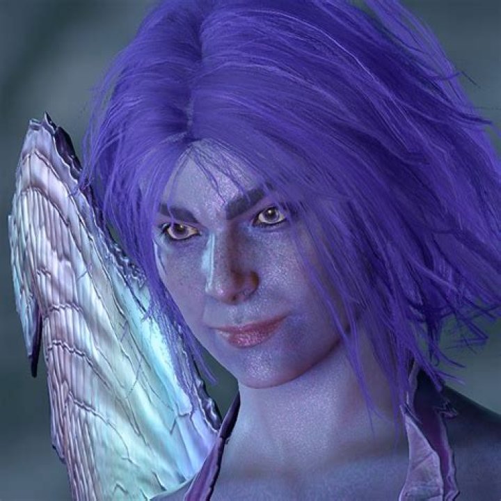 The pixie Dolly Dolly Dolly, a small humanoid with purple skin, hair, and insectoid wings, in Baldur's Gate 3.