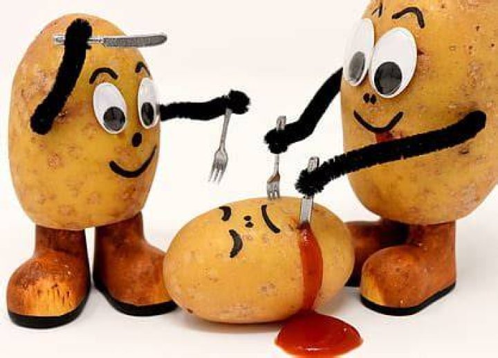 Three potatoes holding knife, cannibals, funny, potatoes, knife, fork