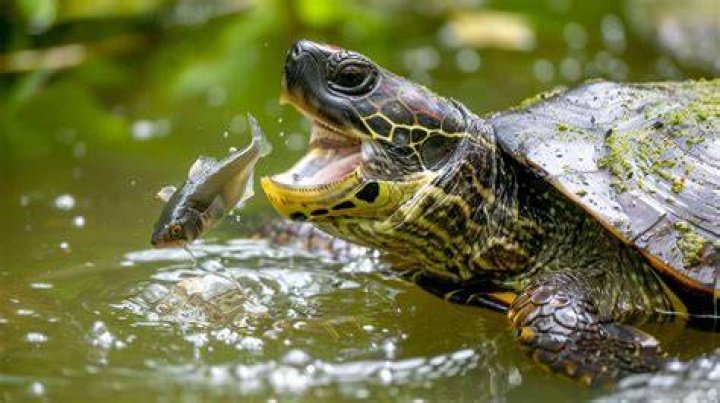 turtle waiting to eat a scrimp at the edge of a pond