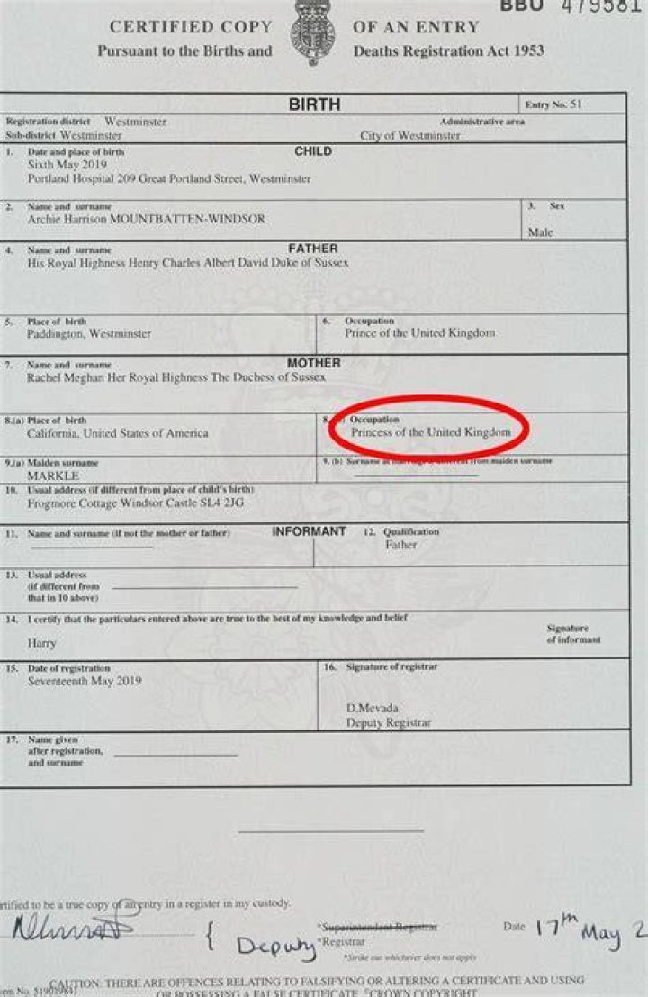 Unusual detail about Meghan Markle revealed in Archie's birth certificate