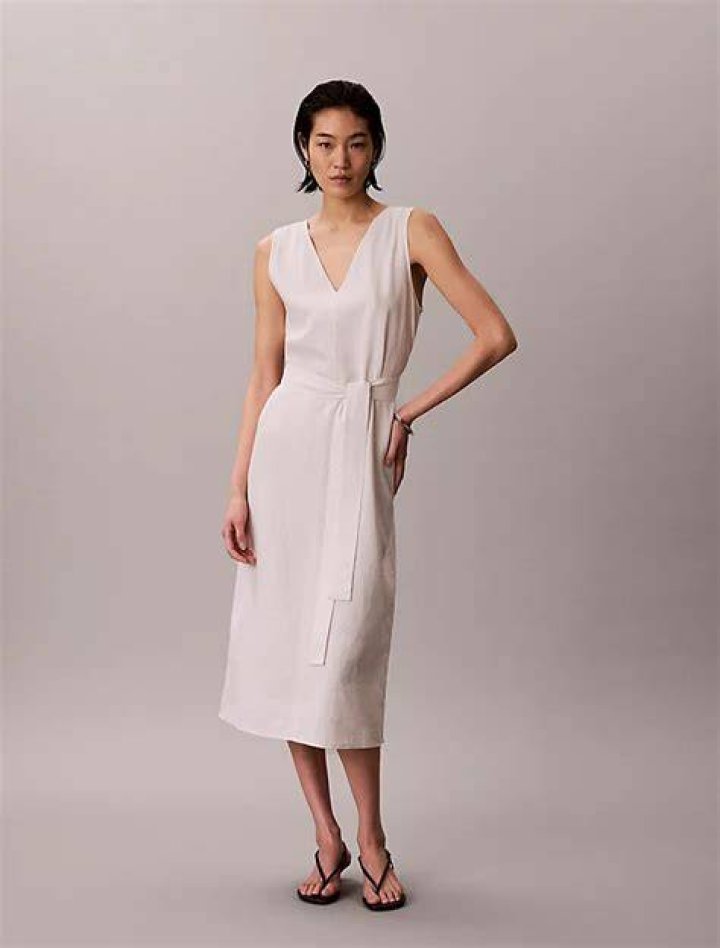 : VESTIDO MIDI LINO MEZCLA MANGAS VOLUMEN : VESTIDO MIDI LINO MEZCLA MANGAS VOLUMEN