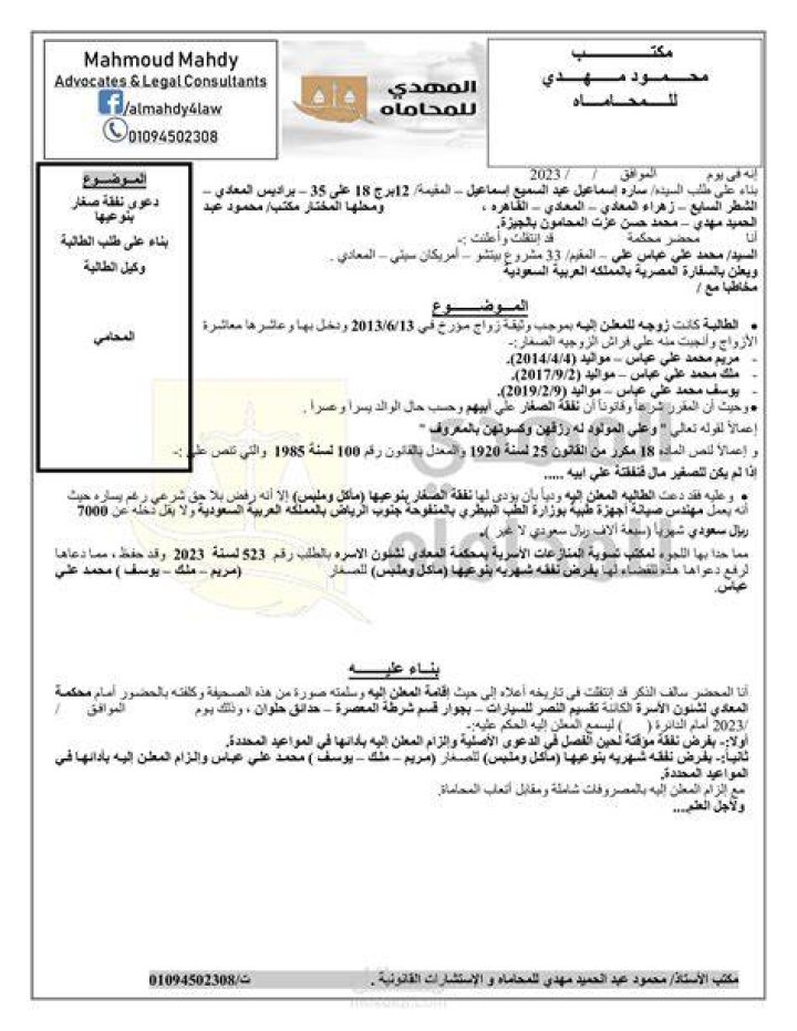 احسن صيغة دعوى نفقة صغار واجر حضانة ومتجمد جاهزة